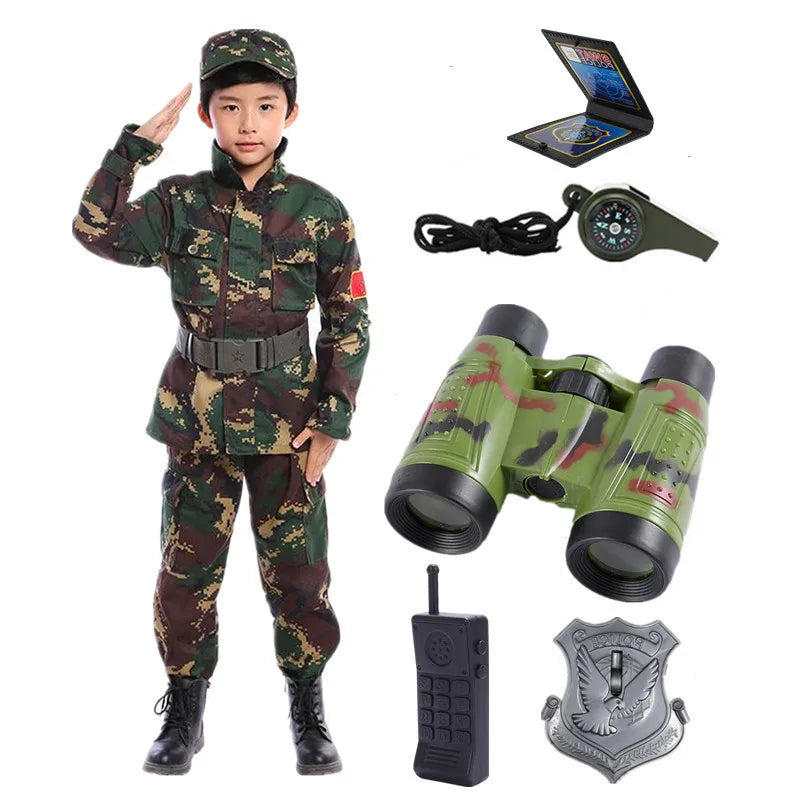 Kids Soldier Costume for Kid Party Army Costume camouflage Costumes for Boys Jungle Field Sniper Set with Pistol Compass Whistle